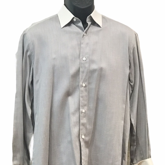Brioni Men's Dress Shirt - Grey & White.French Cuffs.Made in Italy.
